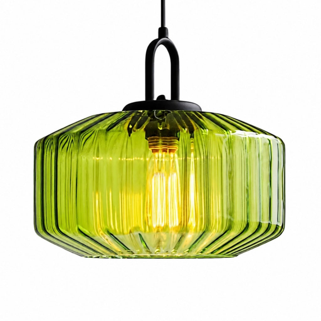 Piper Modern Pendant Light with Colourful Ribbed Glass Drum Shade — product view