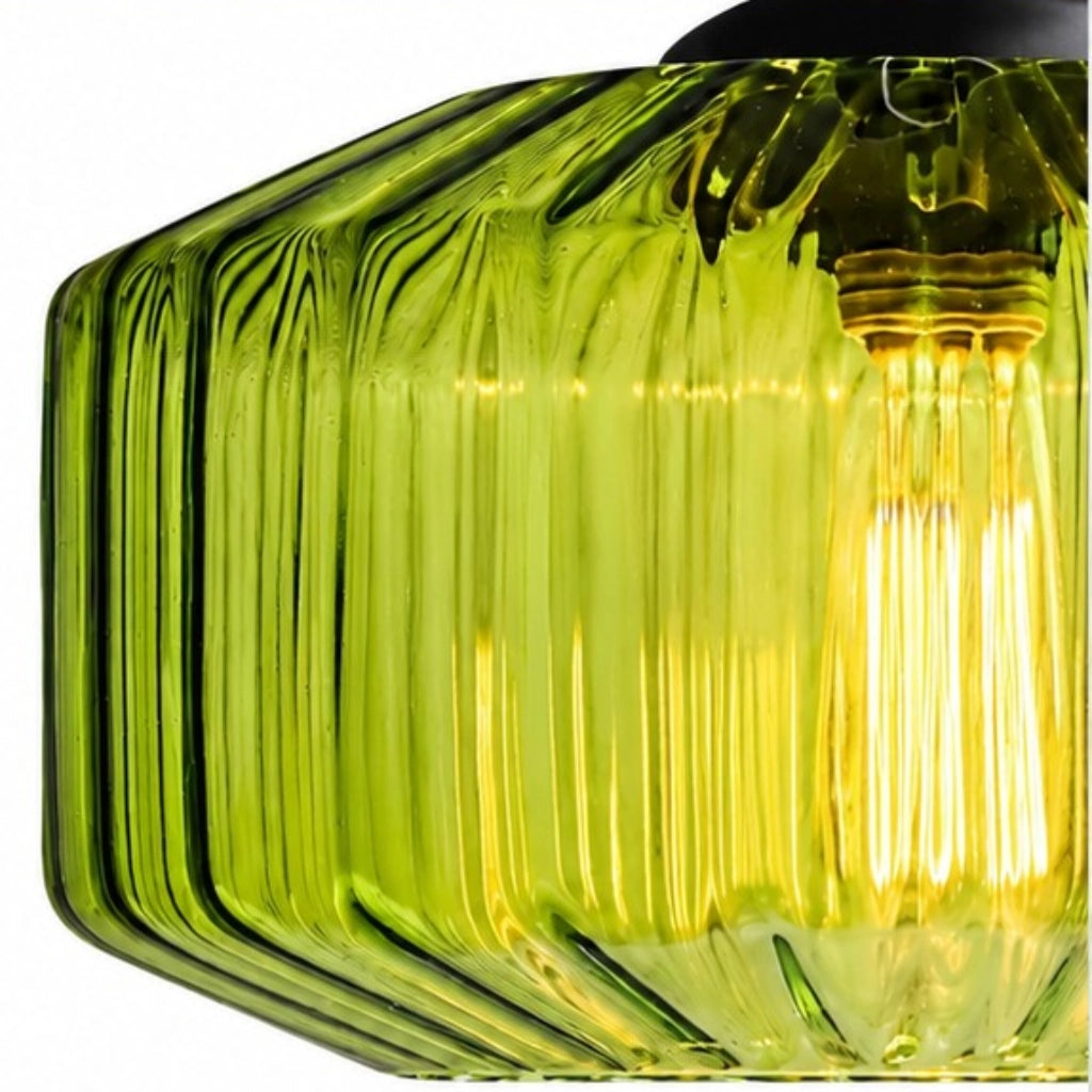 Piper Modern Pendant Light with Colourful Ribbed Glass Drum Shade — product view